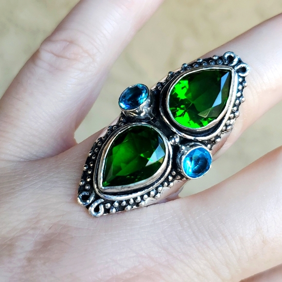 New Chrome Diopside and Blue Topaz 925 Silver Statement Ring. - Picture 1 of 16